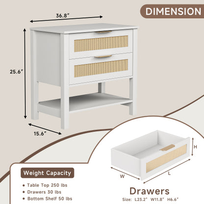 White Rattan 2-Drawer Nightstand with Shelf, Boho Style