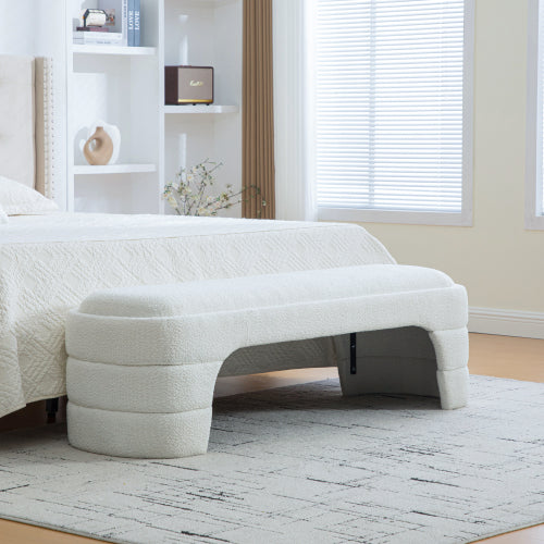 64.96inch Wide Modern Upholstered Armless Upholstered Bedroom Benches End of Bed Bench for Entryway, Ottoman Foot Stool for Living Room and Bedroom, Entryway,White Boucle