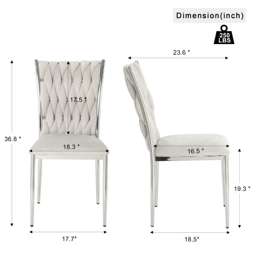 Velvet Upholstered Dining Chairs with Metal Legs, Set of 2, Light Gray