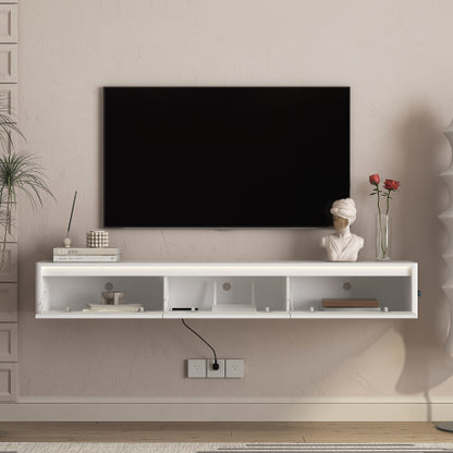 Fluted Floating Wall Mount TV Shelf with Touch LED Lighting & Power Charging Ports for Living Room