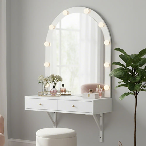 White Floating Wall Mounted Vanity Desk with LED Mirror, 3 Color Lights, Power Outlet & USB, Large Storage