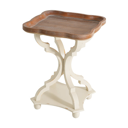 French Country Accent Table 19 Inch Hourglass Base Lipped Square Top Distressed Finish