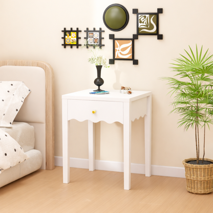 White Nightstand with Drawer, Modern Bedside Table with Wavy Apron Design, Compact End Table for Bedroom Living Room, Small Side Table with Storage