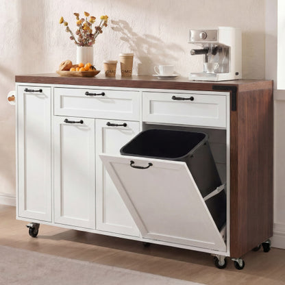 102 Inch Kitchen Island with Extendable Dining Table & Trash Storage White
