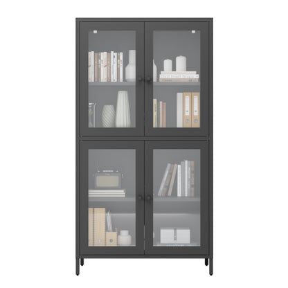 Black Classic 4-Glass-Door Metal Storage Cabinet Adjustable Shelf Home Office Display Cabinet