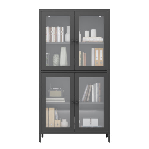 Black Classic 4-Glass-Door Metal Storage Cabinet Adjustable Shelf Home Office Display Cabinet