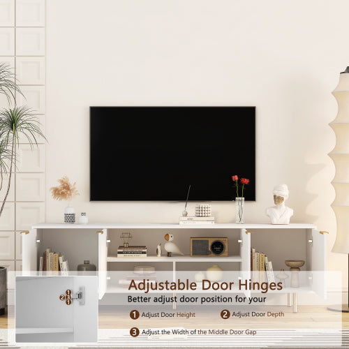White Fluted 68 inch TV Stand with Storage Cabinets and Gold Legs