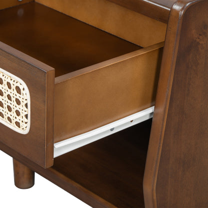 Walnut Nightstand with Rattan Detail, MDF + Solid Wood, Modern Bedroom Storage, Open Shelf & Drawer, Indoor Furniture