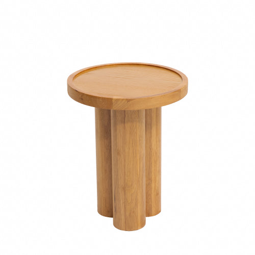 Round Solid Wood End Table Natural Oak Veneer Pedestal Side Table