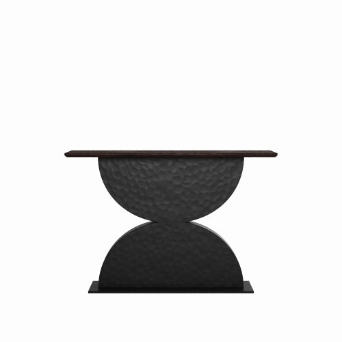47 inchDouble Semi-Circles 3d Hammer-Shaped Texture Base Wood Console Table With Led Light Entryway Table Modern Console Table,Sofa Console Tables For Living Room