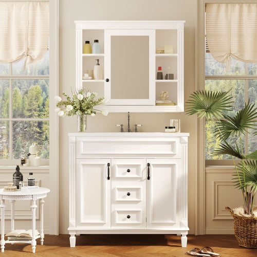 36'' Bathroom Vanity with Top Sink, Mirror Cabinet, Modern Bathroom Storage Cabinet with 2 Soft Closing Doors and 2 Drawers, Single Sink Bathroom Vanity