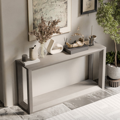 60 inch Rectangular Solid Wood Veneer Console Table, Wide Sofa Table,  Behind Couch Table with Ample Storage for Entryway & Living Room, Distressed Grey