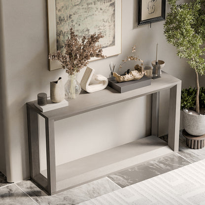 60 inch Rectangular Solid Wood Veneer Console Table, Wide Sofa Table,  Behind Couch Table with Ample Storage for Entryway & Living Room, Distressed Grey