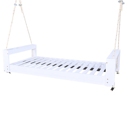 Twin Size Porch Swing Bed Seating Group, Patio Acacia Wood Swing Frame with Hemp Ropes for Garden, Backyard, White