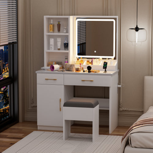 White Vanity Desk with Mirror & Lights, Power Outlet, 3 Lighting Modes, Cabinet Drawers, Shelves & Storage Stool