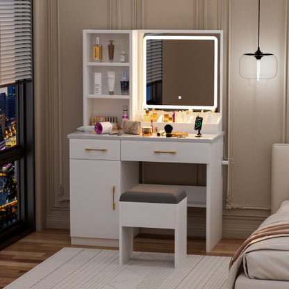White Vanity Desk with Mirror & Lights, Power Outlet, 3 Lighting Modes, Cabinet Drawers, Shelves & Storage Stool