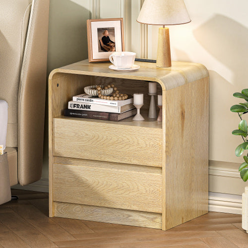 Natural Smooth 2-Drawer Nightstand with Charging Station, Mid-Century USB Side Table