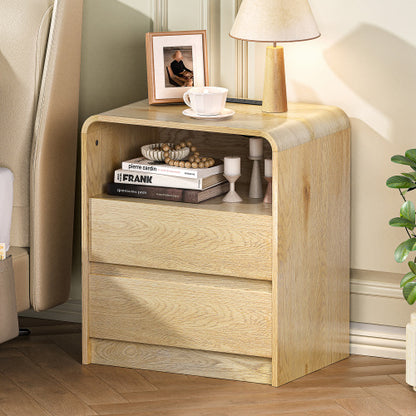 Natural Smooth 2-Drawer Nightstand with Charging Station, Mid-Century USB Side Table