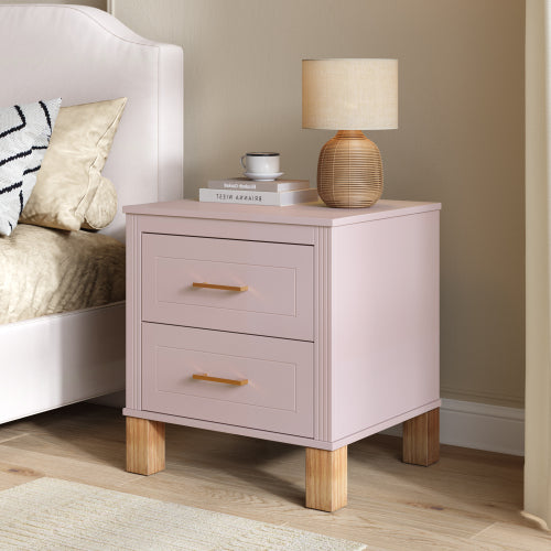 Pink Fluted Nightstand, 2-Drawer Bedside Table with Metal Handles & Solid Wood Legs