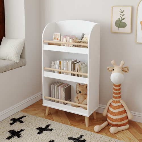 Kids 3-Tier Bookshelf and Toy Storage Organizer with Pine Legs, White