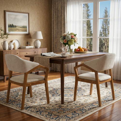 Set of 2 Beige Chenille Arm Dining Chairs, Teak Bent Wood Frame 300lbs Weight Capacity