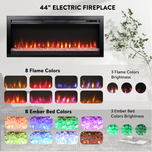 44 inch in wall recessed electric fireplace with remote and multi color flame & emberbed, LED light heater