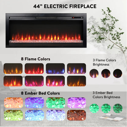 44 inch in wall recessed electric fireplace with remote and multi color flame & emberbed, LED light heater