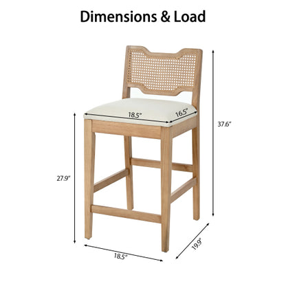 Set of 2 Natural Rubber Wood Farmhouse Rattan Back Counter Bar Stools, Beige Fabric 27.9inch  Seat Height Armless Stools