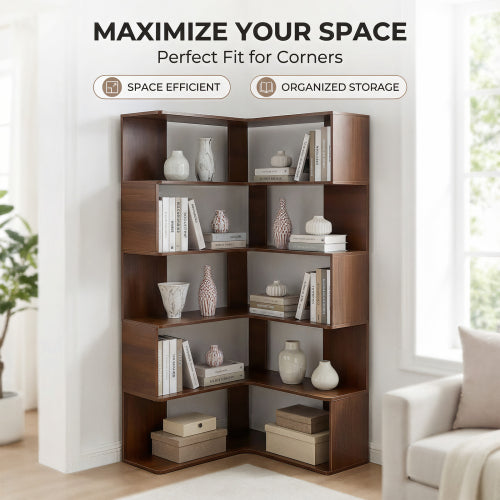 66-Inch 6-Tier Corner Bookshelf L-Shaped Open Storage Walnut