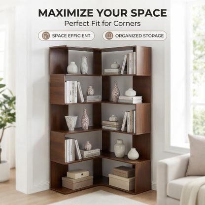 66-Inch 6-Tier Corner Bookshelf L-Shaped Open Storage Walnut