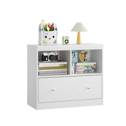 White Kids Storage Cabinet 2 Open Shelves With Full-Width Drawer Anti-Tip Design For Playroom Nursery