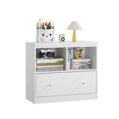 White Kids Storage Cabinet 2 Open Shelves With Full-Width Drawer Anti-Tip Design For Playroom Nursery