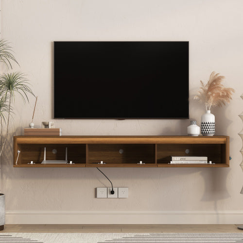 Wall Mount Floating High Gloss TV Cabinet with LED Lights & Power Outlet for Living Room