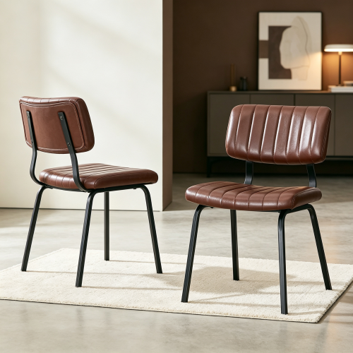 Channel Tufted Faux Leather Dining Chairs with Metal Legs, Set of 2, Brown
