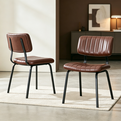 Channel Tufted Faux Leather Dining Chairs with Metal Legs, Set of 2, Brown