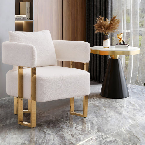 2-PCS White Teddy Fleece Accent Side Chair with Polished Gold Metal Square Legs