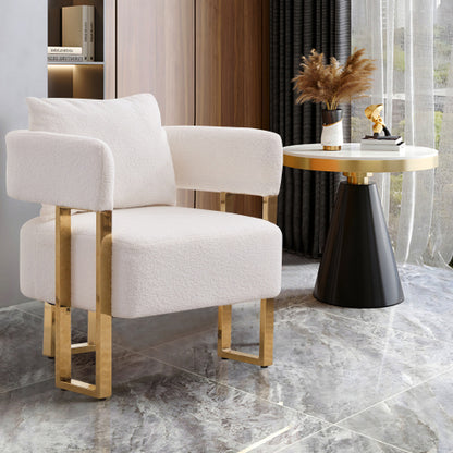2-PCS White Teddy Fleece Accent Side Chair with Polished Gold Metal Square Legs