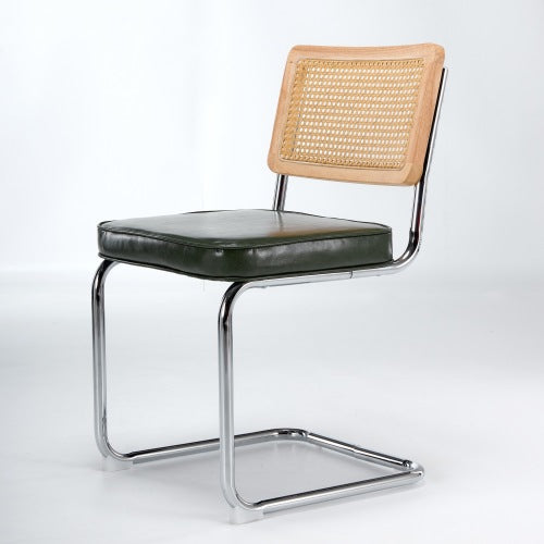 Set of 2 Mid-Century Cane Rattan Dining Chairs, Solid Wood Frame, Olive Faux Leather Seat, Cantilever Chrome Metal Base