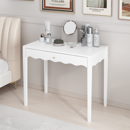 White 35.43inch  Vanity Desk with Drawer ¨C Modern Makeup Table with Scalloped Front & Gold Knob, Compact Writing Desk with 4 Sturdy Legs for Bedroom, Small Home Office & Apartment Spaces