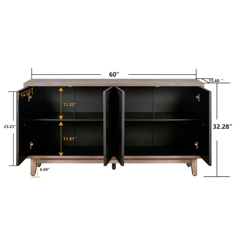 Mid Century Sideboard Buffet Cabinet with Solid Wood Legs and 4 Convex Pattern Diamond Doors