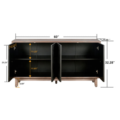 Mid Century Sideboard Buffet Cabinet with Solid Wood Legs and 4 Convex Pattern Diamond Doors