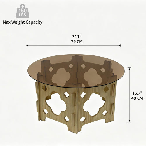 31.1inch  Round Tempered Glass Coffee Table, Floral Hollow Wood Base, Cat Nest Design