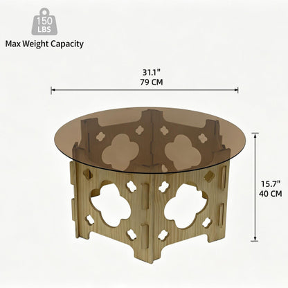 31.1inch  Round Tempered Glass Coffee Table, Floral Hollow Wood Base, Cat Nest Design