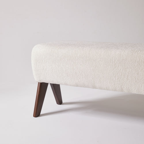 Cream Chenille Upholstered Ottoman Bench, Solid Wood V-Shaped Leg Entryway Shoe Bench for Bedroom & Foyer