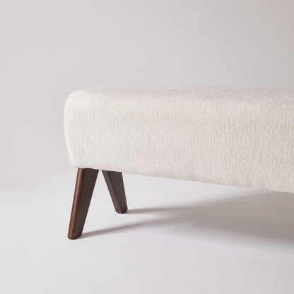 Cream Chenille Upholstered Ottoman Bench, Solid Wood V-Shaped Leg Entryway Shoe Bench for Bedroom & Foyer