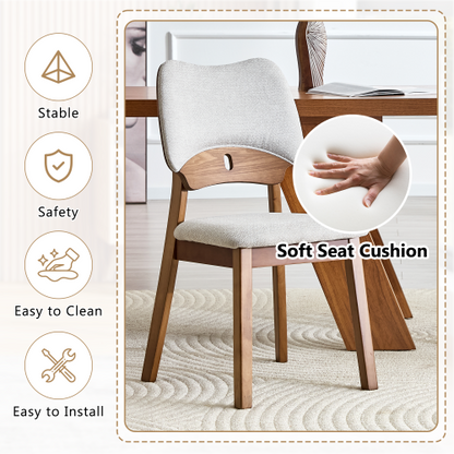 Set of 2 Walnut Solid Wood Dining Chairs, Hollow Out Curved Back Chairs with Gray Fabric