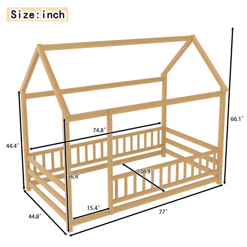 Twin Size Floor Wooden Bed with House Roof Frame, Fence Guardrails,Natural
