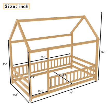 Twin Size Floor Wooden Bed with House Roof Frame, Fence Guardrails,Natural