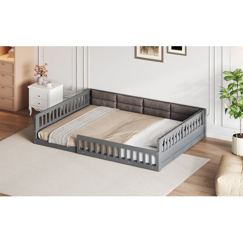 Wood Full Size Upholstered Platform Bed with Guardrail and Pillow, Gray
