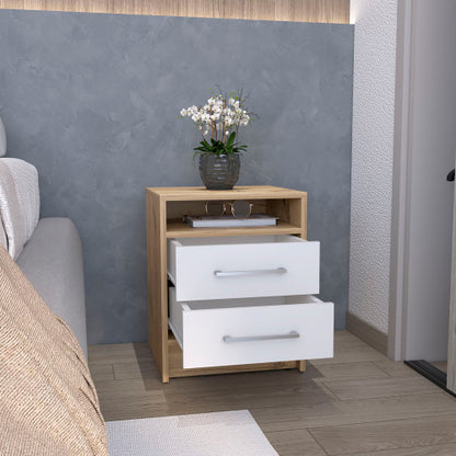 White & Light Oak 2-Drawer Nightstand with Open Shelf